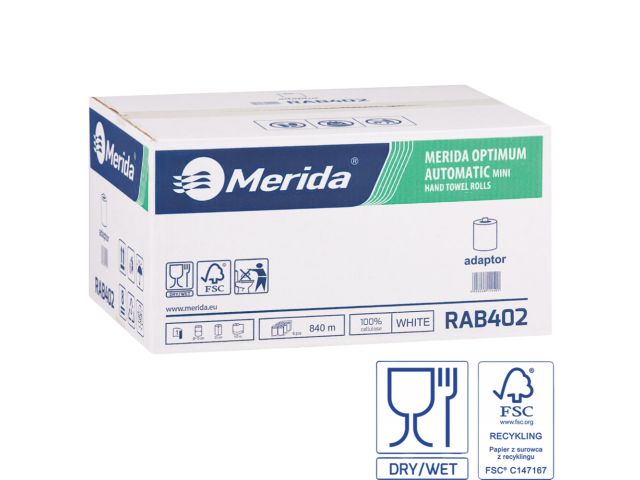 MERIDA OPTIMUM AUTOMATIC MINI - paper towel in roll for mini auto-cut dispenser, white, 1-ply, 100% cellulose, diameter 15 cm,140 m (6 rolls / carton)